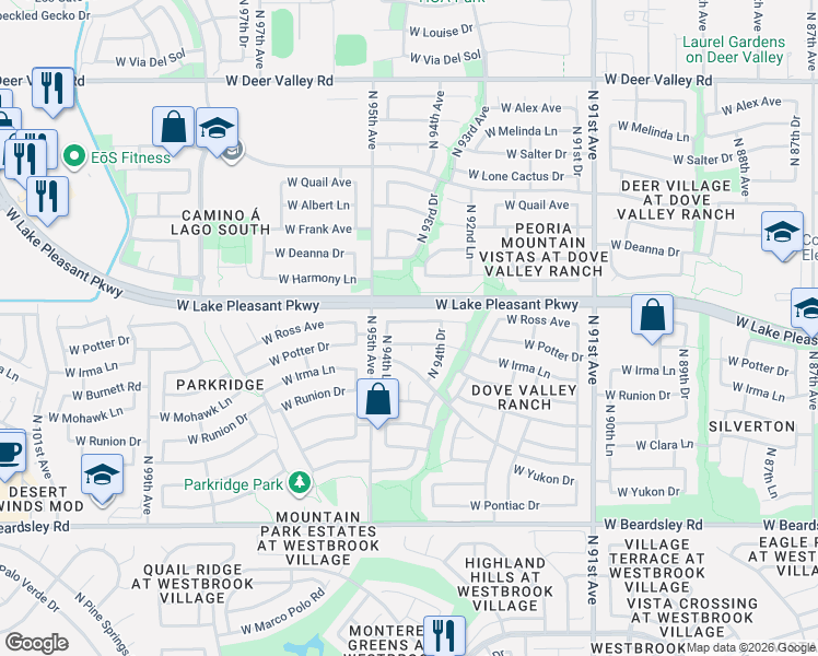 map of restaurants, bars, coffee shops, grocery stores, and more near 9467 West Ross Avenue in Peoria