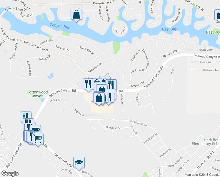 map of restaurants, bars, coffee shops, grocery stores, and more near 30782 Long Point Drive in Canyon Lake