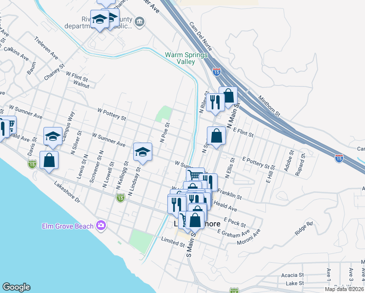 map of restaurants, bars, coffee shops, grocery stores, and more near 295 West Sumner Avenue in Lake Elsinore