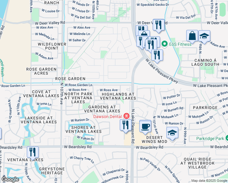 map of restaurants, bars, coffee shops, grocery stores, and more near 10327 West Ross Avenue in Peoria