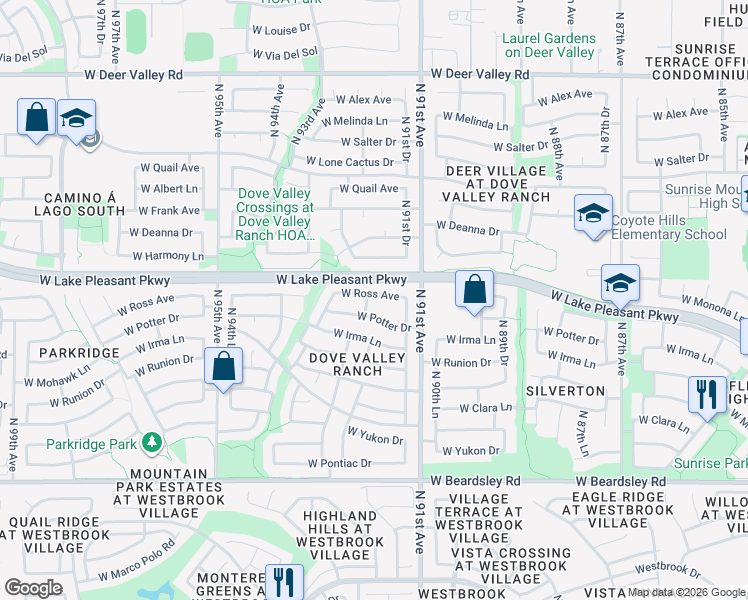map of restaurants, bars, coffee shops, grocery stores, and more near 9237 West Ross Avenue in Peoria