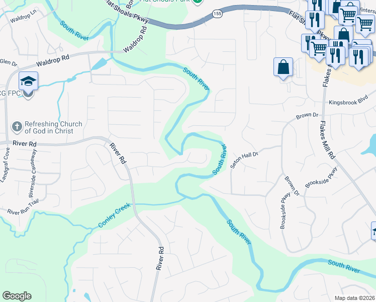 map of restaurants, bars, coffee shops, grocery stores, and more near 3592 Riverchase Drive in Decatur