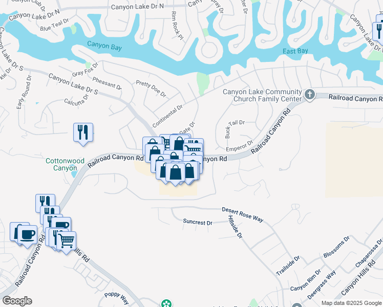 map of restaurants, bars, coffee shops, grocery stores, and more near 30782 Long Point Drive in Canyon Lake