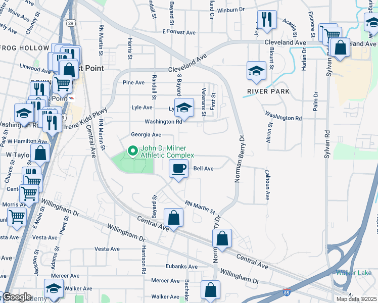 map of restaurants, bars, coffee shops, grocery stores, and more near 1275 Calhoun Avenue in East Point