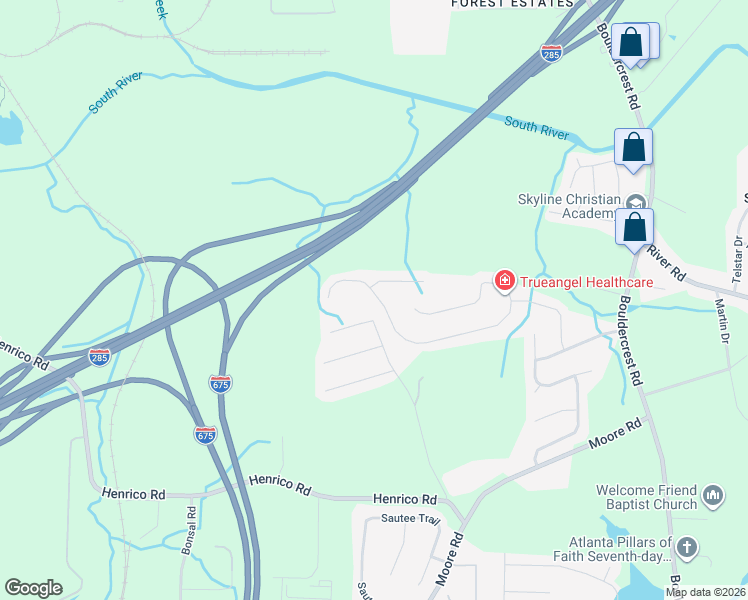 map of restaurants, bars, coffee shops, grocery stores, and more near 1933 Boulder Gate Drive in Ellenwood