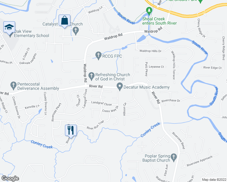map of restaurants, bars, coffee shops, grocery stores, and more near 3292 Deer Pause Lane in Decatur