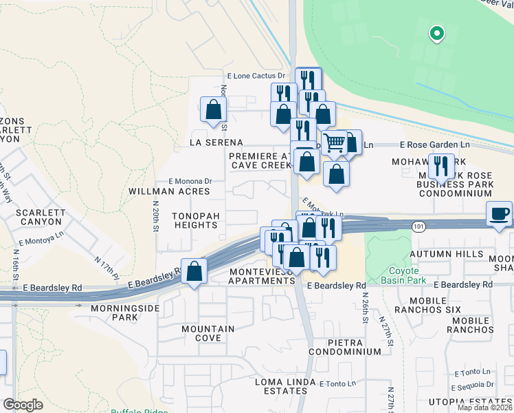 map of restaurants, bars, coffee shops, grocery stores, and more near 2248 East Ottawa Lane in Phoenix