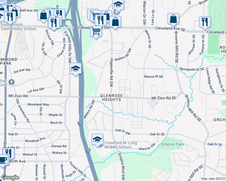 map of restaurants, bars, coffee shops, grocery stores, and more near 2968 Hapeville Road Southwest in Atlanta