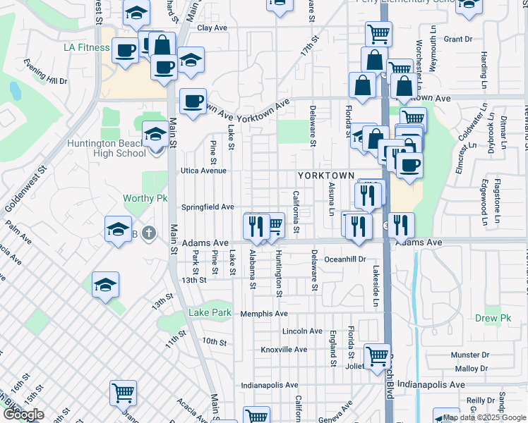 map of restaurants, bars, coffee shops, grocery stores, and more near 214 Springfield Avenue in Huntington Beach
