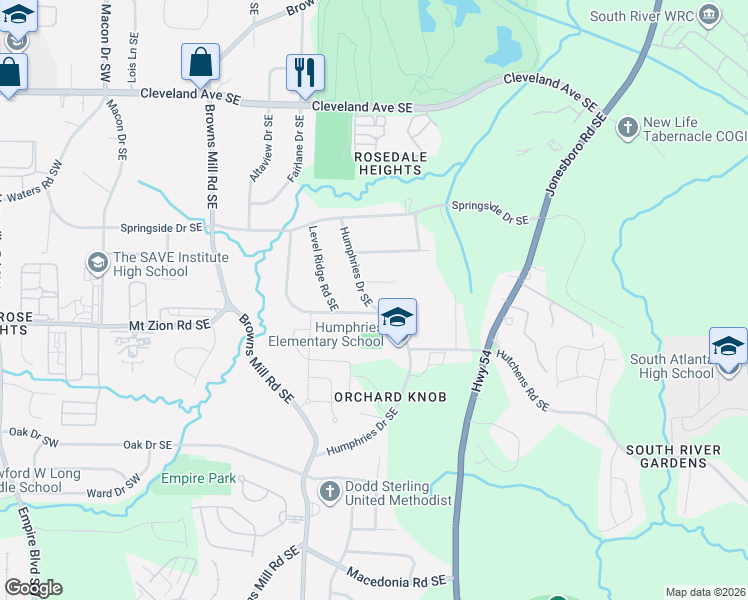 map of restaurants, bars, coffee shops, grocery stores, and more near 2996 Humphries Drive Southeast in Atlanta