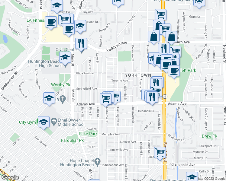 map of restaurants, bars, coffee shops, grocery stores, and more near 222 Springfield Avenue in Huntington Beach