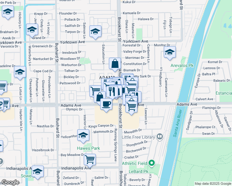 map of restaurants, bars, coffee shops, grocery stores, and more near 19881 Brookhurst Street in Huntington Beach