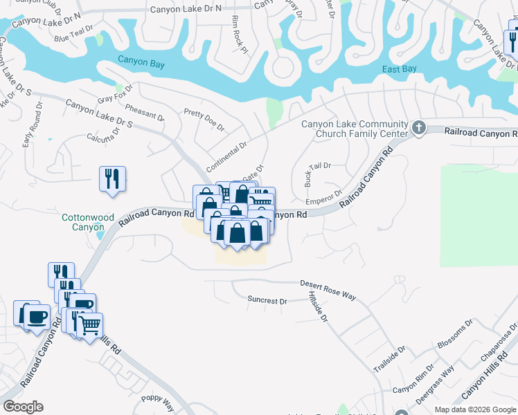 map of restaurants, bars, coffee shops, grocery stores, and more near 30782 Long Point Drive in Canyon Lake