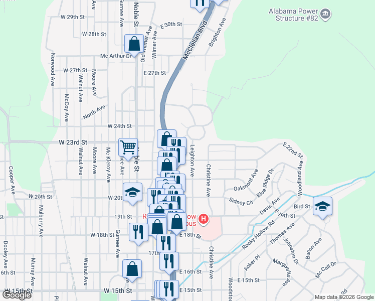 map of restaurants, bars, coffee shops, grocery stores, and more near 2222 Leighton Avenue in Anniston
