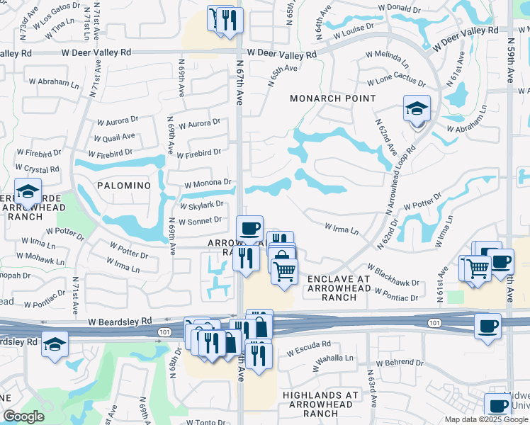 map of restaurants, bars, coffee shops, grocery stores, and more near 20707 North 67th Avenue in Glendale