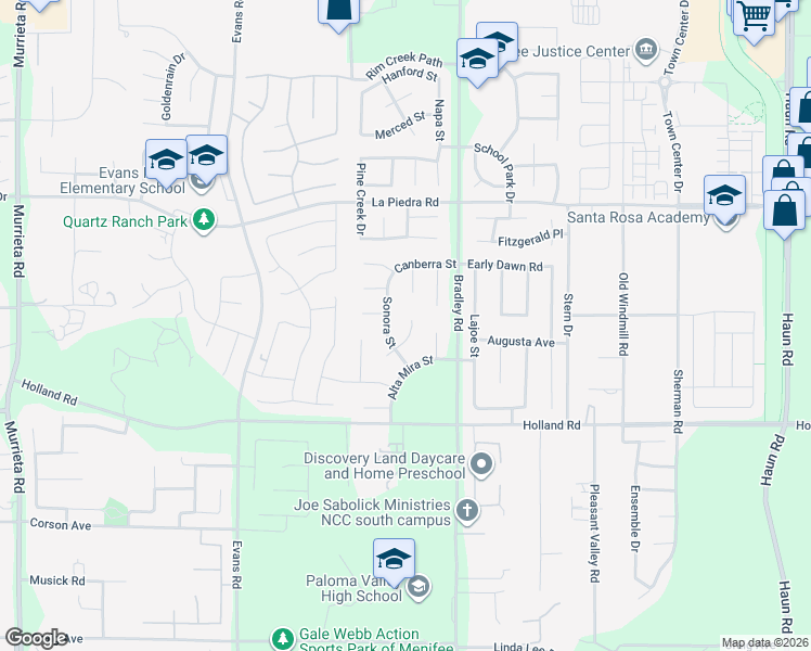 map of restaurants, bars, coffee shops, grocery stores, and more near 30780 Stonecreek Court in Menifee