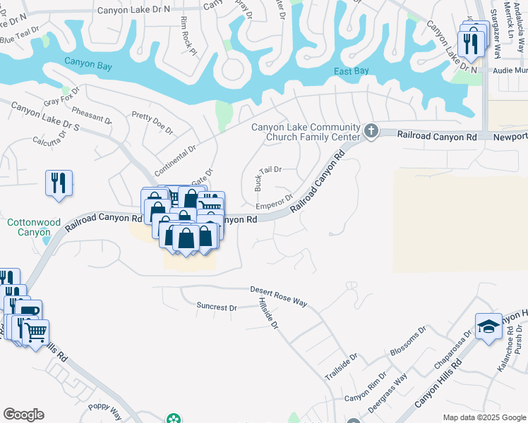 map of restaurants, bars, coffee shops, grocery stores, and more near 31028 Emperor Drive in Canyon Lake