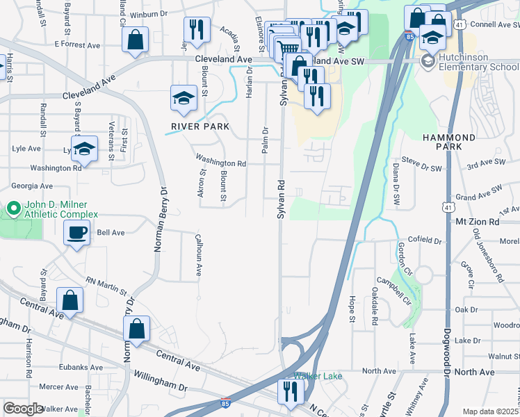 map of restaurants, bars, coffee shops, grocery stores, and more near 2981 Palm Drive in East Point