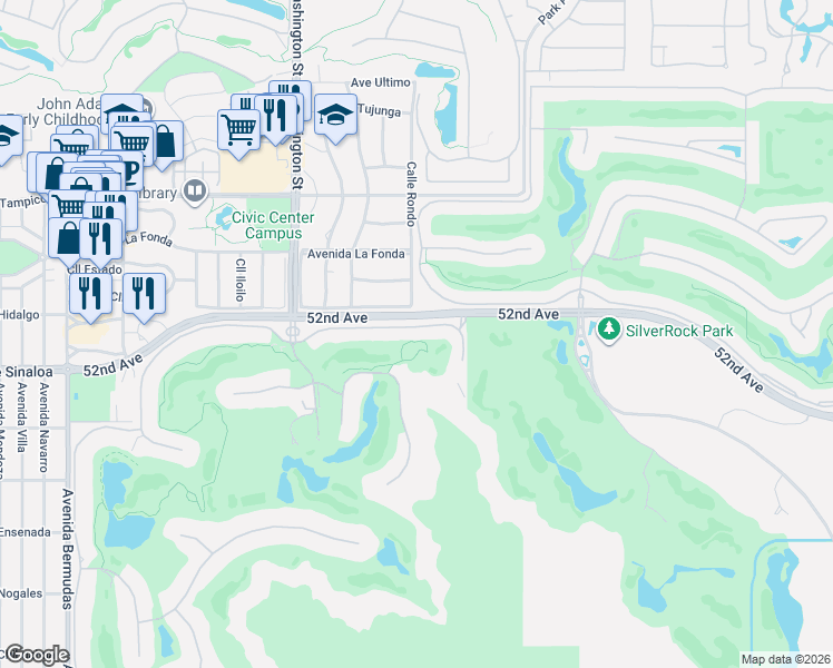 map of restaurants, bars, coffee shops, grocery stores, and more near 78651 Deacon Drive East in La Quinta