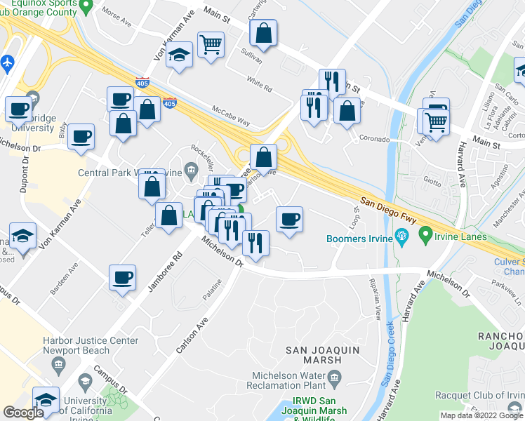 map of restaurants, bars, coffee shops, grocery stores, and more near 3131 Michelson Drive in Irvine