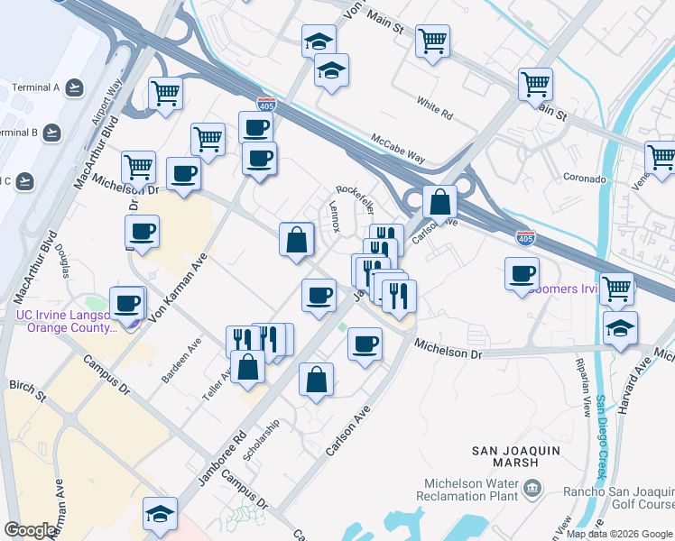 map of restaurants, bars, coffee shops, grocery stores, and more near 2700-2740 Michelson Drive in Irvine