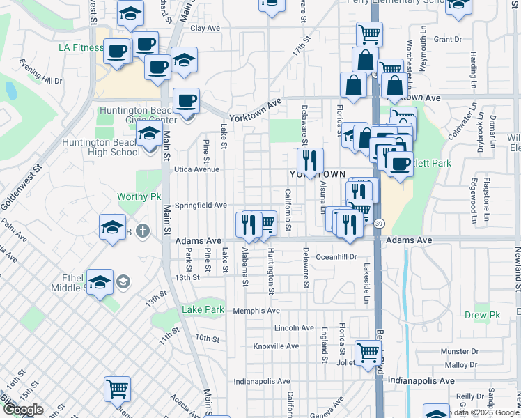 map of restaurants, bars, coffee shops, grocery stores, and more near 214 Springfield Avenue in Huntington Beach