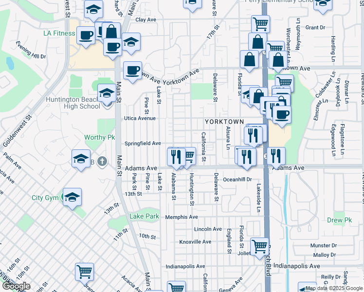 map of restaurants, bars, coffee shops, grocery stores, and more near 214 Springfield Avenue in Huntington Beach