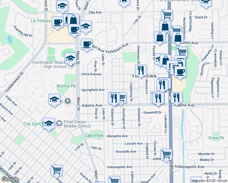 map of restaurants, bars, coffee shops, grocery stores, and more near 214 Springfield Avenue in Huntington Beach