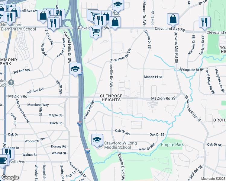 map of restaurants, bars, coffee shops, grocery stores, and more near 2968 Hapeville Road Southwest in Atlanta