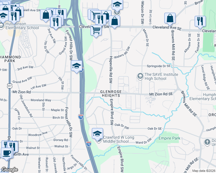 map of restaurants, bars, coffee shops, grocery stores, and more near 149 Mount Zion Road Southwest in Atlanta