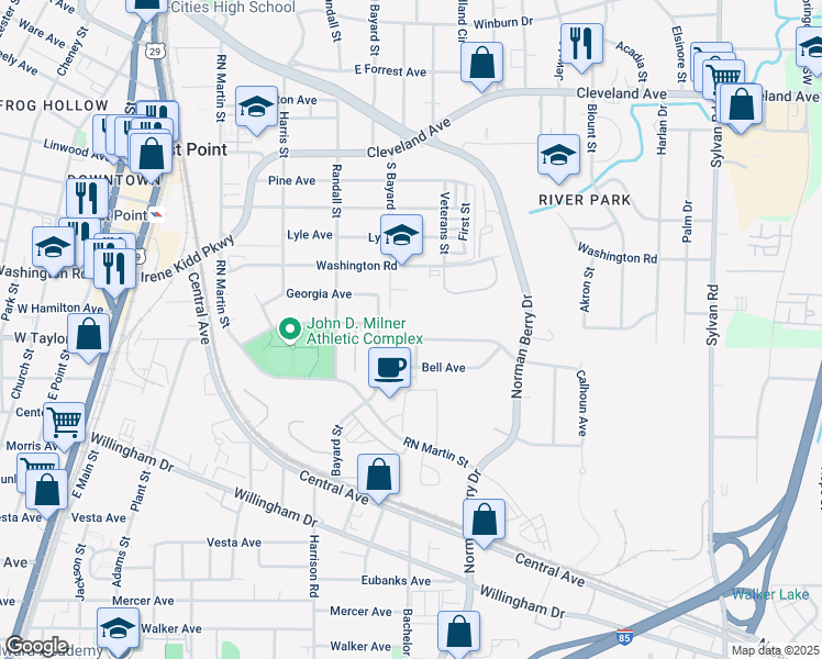 map of restaurants, bars, coffee shops, grocery stores, and more near 1275 Calhoun Avenue in East Point
