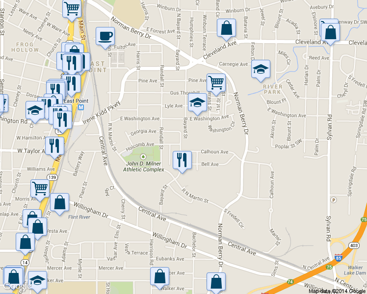 map of restaurants, bars, coffee shops, grocery stores, and more near in East Point