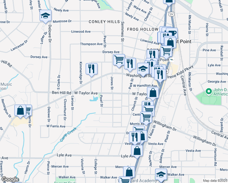 map of restaurants, bars, coffee shops, grocery stores, and more near 1833 West Taylor Avenue in East Point