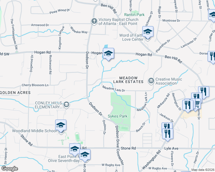 map of restaurants, bars, coffee shops, grocery stores, and more near 2609 Meadow Lark Drive in East Point