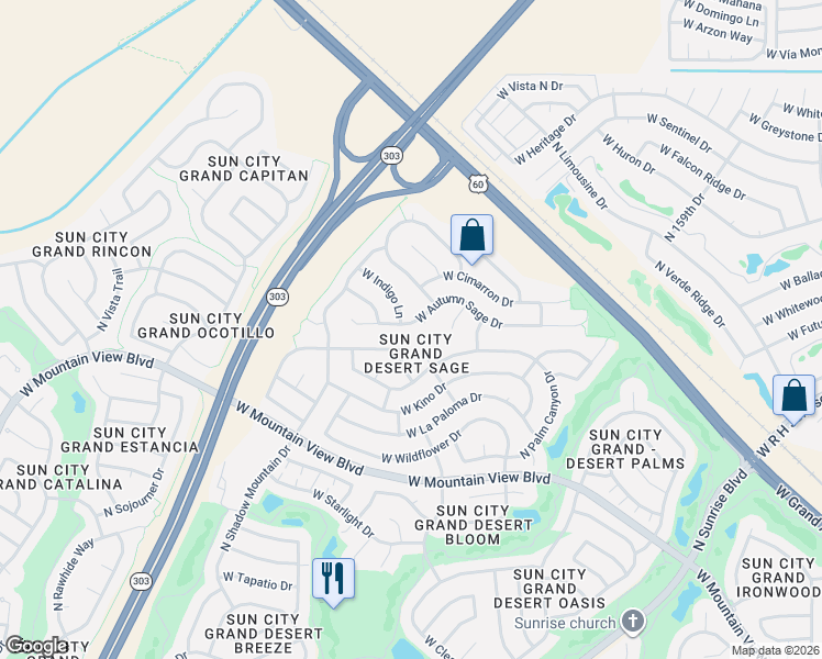 map of restaurants, bars, coffee shops, grocery stores, and more near 15965 West Autumn Sage Drive in Surprise