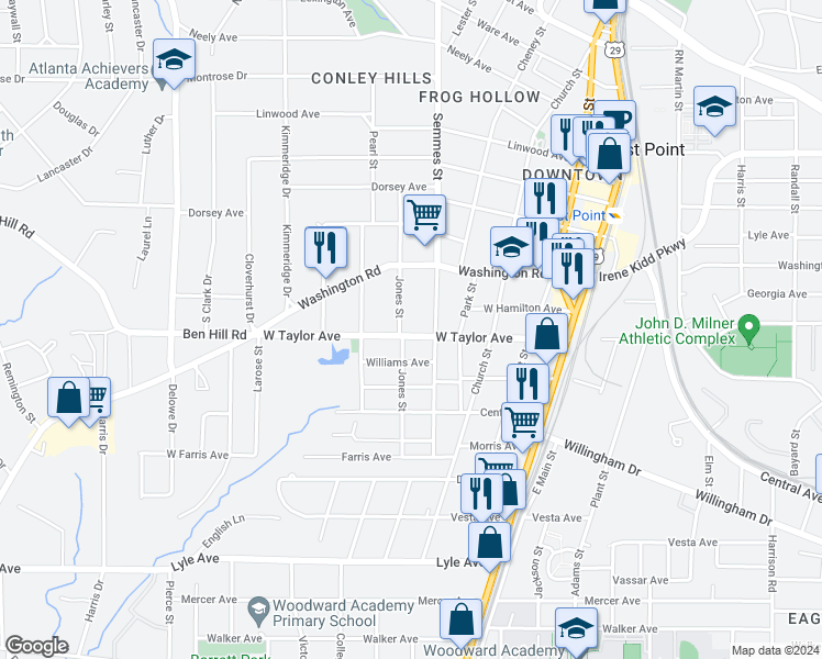 map of restaurants, bars, coffee shops, grocery stores, and more near 1827 West Taylor Avenue in Atlanta