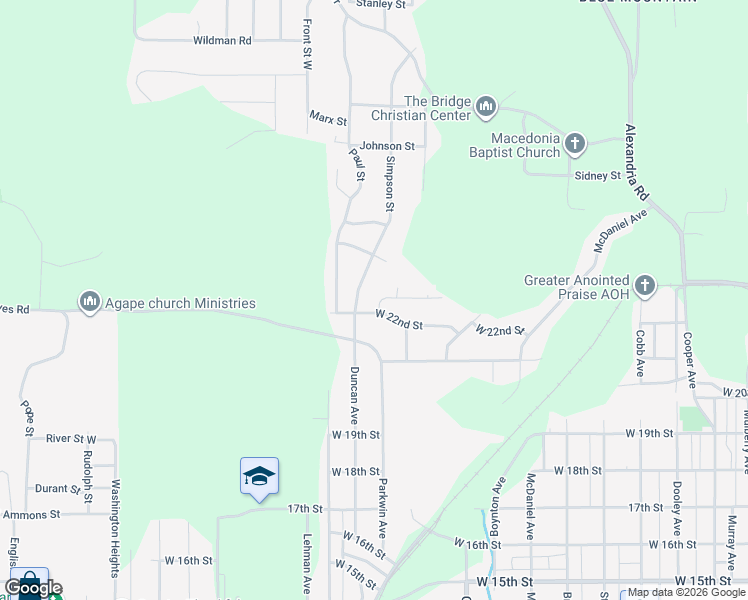 map of restaurants, bars, coffee shops, grocery stores, and more near 2202 Southland Drive in Anniston