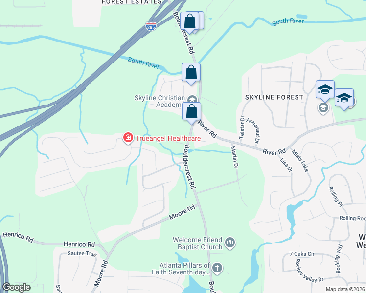 map of restaurants, bars, coffee shops, grocery stores, and more near 1971 Boulder Hills Drive in Ellenwood