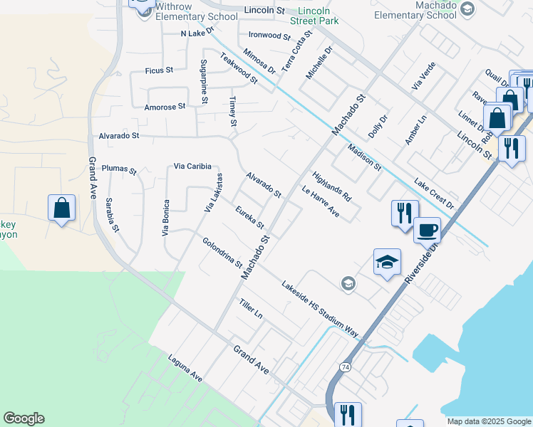 map of restaurants, bars, coffee shops, grocery stores, and more near 32606 Hartley Street in Lake Elsinore