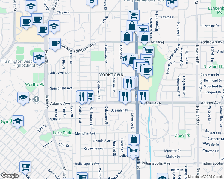 map of restaurants, bars, coffee shops, grocery stores, and more near 1815 Alsuna Lane in Huntington Beach
