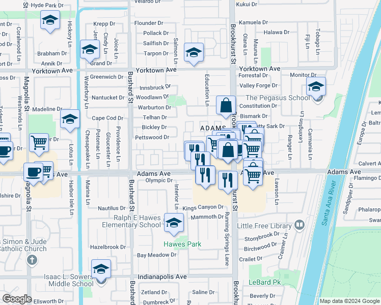 map of restaurants, bars, coffee shops, grocery stores, and more near 19891 Coventry Lane in Huntington Beach
