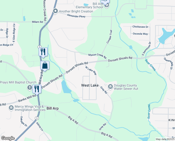 map of restaurants, bars, coffee shops, grocery stores, and more near 4852 West Ridge Drive in Douglasville