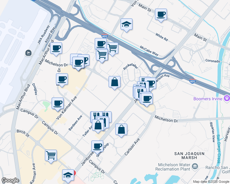 map of restaurants, bars, coffee shops, grocery stores, and more near 2600 Michelson Drive in Irvine