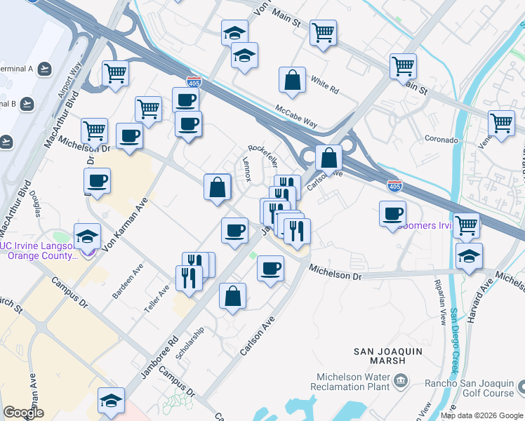 map of restaurants, bars, coffee shops, grocery stores, and more near 3409 Rivington in Irvine