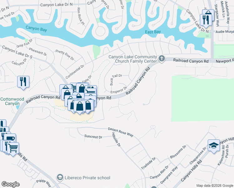 map of restaurants, bars, coffee shops, grocery stores, and more near 30998 Emperor Drive in Canyon Lake