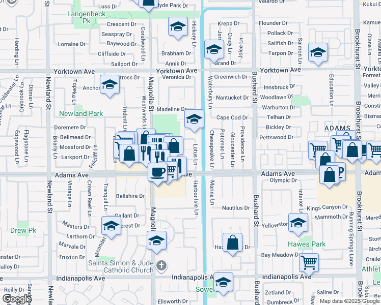 map of restaurants, bars, coffee shops, grocery stores, and more near 19892 Lotus Lane in Huntington Beach