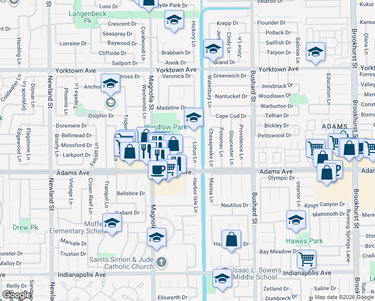 map of restaurants, bars, coffee shops, grocery stores, and more near 19892 Lotus Lane in Huntington Beach