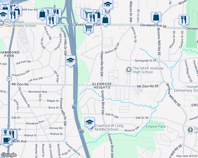 map of restaurants, bars, coffee shops, grocery stores, and more near 149 Mount Zion Road Southwest in Atlanta