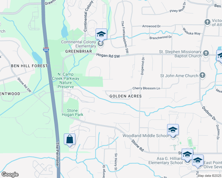 map of restaurants, bars, coffee shops, grocery stores, and more near 3117 Cherry Blossom Lane in East Point