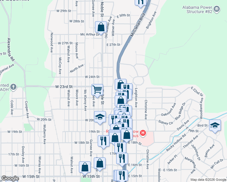 map of restaurants, bars, coffee shops, grocery stores, and more near 2223 Wilmer Avenue in Anniston